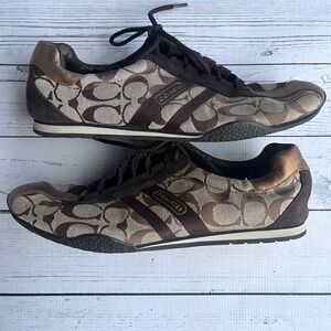 COACH Khaki Brown Gold Signature Jacquard Suede Sneakers Designer Monogram Retro